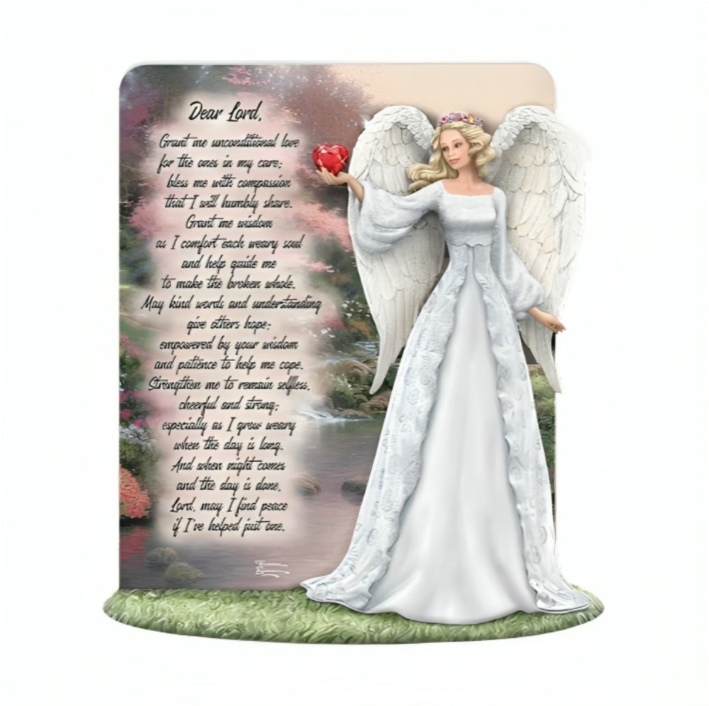 The Hamilton Collection A Tribute to Caring Sculpture Handcrafted Angel with Glittered Wings & Faux Ruby Heart Features “The Caregiver’s Prayer” & Pools of Serenity Artwork by Thomas Kinkade 7.75-inches