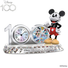 Load image into Gallery viewer, The Bradford Exchange Mickey Mouse Disney 100 Years of Wonder Clock Mickey Mouse Commemorative Clock Handcrafted Hand-Painted Disney Collectible Precision Quartz Movement Electroplated Finish and Faceted Crystalline Base 10&quot; W x 7&quot; H x 4&quot; D - RCE Global Solutions
