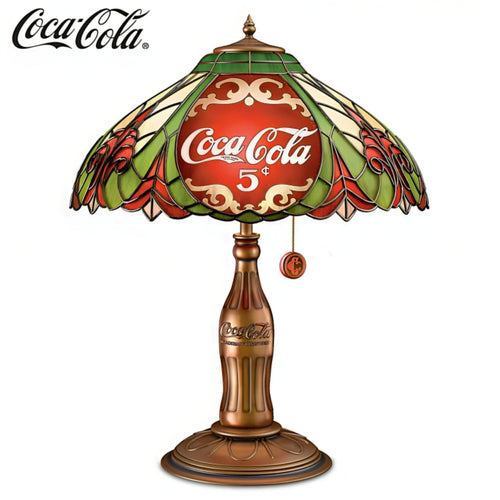 The Bradford Exchange COCA-COLA Classic Elegance Lamp Collector's Edition Stained-Glass Table Lamp with 5¢ Label Design Hand-Painted in Authentic COCA-COLA Colors Vintage-Style Double-C Bottle Cap Pull Nostalgic Copper-Toned Finish 18-inches - RCE Global Solutions