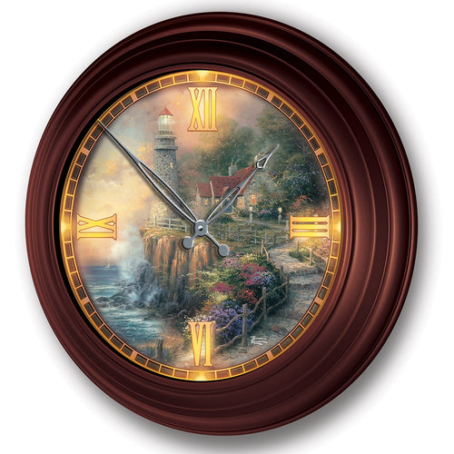 The Bradford Exchange Light of Peace Wall Clock Lighthouse Decor Atomic Clock with Copper-Toned Metal Housing Self-Setting Illuminating Artisan Hand-Applied Artwork Coastal Cottage Features The Light of Peace Scene by Thomas Kinkade 14" D
