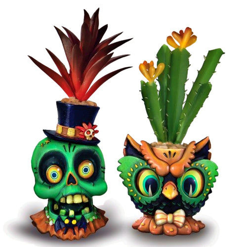 The Bradford Exchange Spooky Sprouts Sculpture Collection Issue #2 Mr. Bones and Dr. Cuckoo Handcrafted Resin Planters with Artificial Succulents 4.25-inches