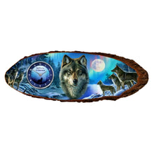 Load image into Gallery viewer, The Bradford Exchange Spirit Of The Wilderness Wall Clock Handcrafted Sliced-Wood Style Featuring Majestic Wolf Artwork and Northern Lights by James Meger 17.7-inches
