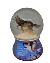 Load image into Gallery viewer, The Bradford Exchange Musical Spirits Within Glitter Globe Collection Issue #9: Blue Brotherhood Hand-Painted Wolf Sculpture with Heirloom Porcelain Base by Eddie LePage 5.75-inches
