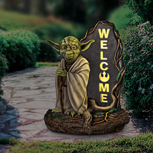 Load image into Gallery viewer, The Bradford Exchange Star Wars Master Yoda Solar Lit Welcome Sign Hand Painted Yoda Statue LED Light Outdoor Indoor Decor UV Water Resistant Light Sensing Panel 14-Inches
