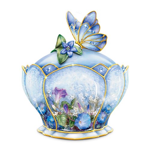The Bradford Exchange Whispering Wings Porcelain Sapphire Glass Jeweled Music Box With Butterfly Handle Landing Upon a Flower by Artist Lena Liu Plays the Song On The Wings of Love 4"-Inches