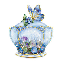 Load image into Gallery viewer, The Bradford Exchange Whispering Wings Porcelain Sapphire Glass Jeweled Music Box With Butterfly Handle Landing Upon a Flower by Artist Lena Liu Plays the Song On The Wings of Love 4&quot;-Inches - RCE Global Solutions
