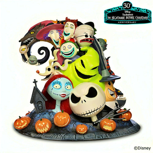 The Hamilton Collection Disney Tim Burton's The Nightmare Before Christmas 30 Years of Moonlight Mischief Sculpture Handcrafted and Hand-Painted with Glow in the Dark Plays 'Overture' by Composer Danny Elfman 12" W x 10" H"