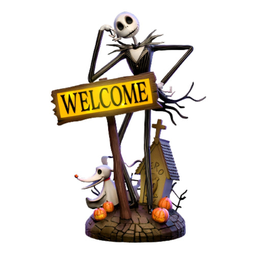 The Bradford Exchange Disney The Nightmare Before Christmas Jack Skellington and Zero Hand Sculpted Welcome Sign With Built In Solar Panel UV and Water Resistant 16"-Inches