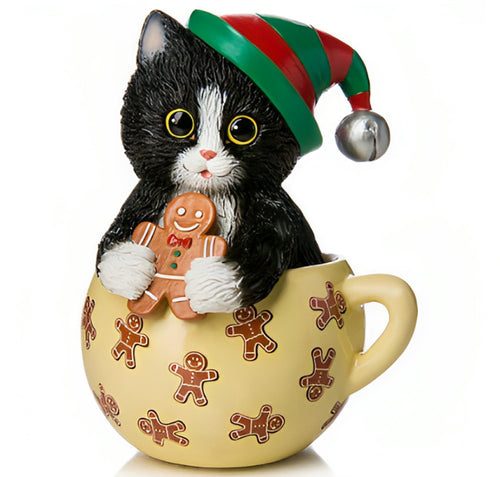 The Hamilton Collection Whiskering You Merry Xmas Meow-y Christmas Cups Figurine Collection Issue #3 Hand Carfted & Hand Painted Porcelain Like Finish Christmas Decoration Cat Figurine by Kayomi Harai 10-inches