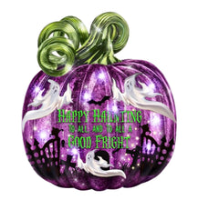 Load image into Gallery viewer, The Bradford Exchange Spooky Sights and Bright Lights Sculpture Collection: Happy Haunting Pumpkin Issue #3 Handcrafted Glass Pumpkin with LED Lights by Dona Gelsinger 7-Inches - RCE Global Solutions
