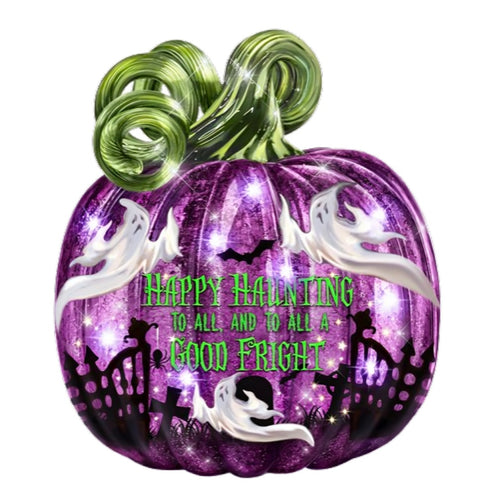 The Bradford Exchange Spooky Sights and Bright Lights Sculpture Collection: Happy Haunting Pumpkin Issue #3 Handcrafted Glass Pumpkin with LED Lights by Dona Gelsinger 7-Inches - RCE Global Solutions