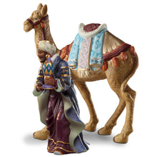 Load image into Gallery viewer, The Bradford Exchange Thomas Kinkade Nativity Collection Issue #5 King Balthazar With Camel Porcelain Figurine with 22K Gold Accents Handcrafted Christmas Nativity Collectible by Hawthorne Village 9-Inches

