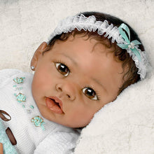 Load image into Gallery viewer, The Ashton-Drake Galleries Alicia&#39;s Gentle Touch Curls Her Hand Around Your Finger So Truly Real® Lifelike Interactive &amp; Realistic African American Black Baby Girl Doll by Linda Murray 22-inches - RCE Global Solutions
