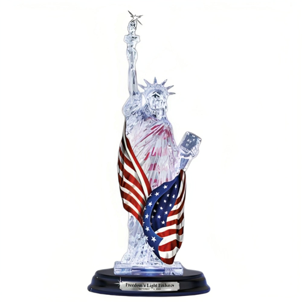 The Bradford Exchange Freedom's Light Endures Sculpture Collection Issue #2 Illuminated Handcrafted Crystal-Clear Resin Statue of Liberty with Real Fabric American Flag Patriotic Changing Colors Glossy Black Base with Etched Silvery Title Plaque 8-inches - RCE Global Solutions