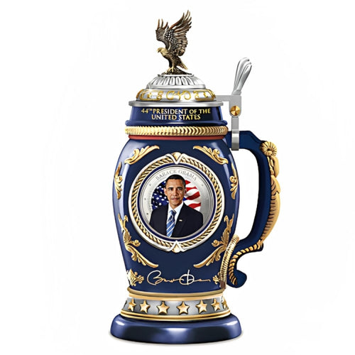 The Bradford Exchange President Barack Obama Commemorative Stein Limited-Edition Heirloom Porcelain with Full Color Portrait Eagle Topper 22K Gold Accents 11-inches - RCE Global Solutions