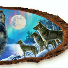 Load image into Gallery viewer, The Bradford Exchange Spirit Of The Wilderness Wall Clock Handcrafted Sliced-Wood Style Featuring Majestic Wolf Artwork and Northern Lights by James Meger 17.7-inches
