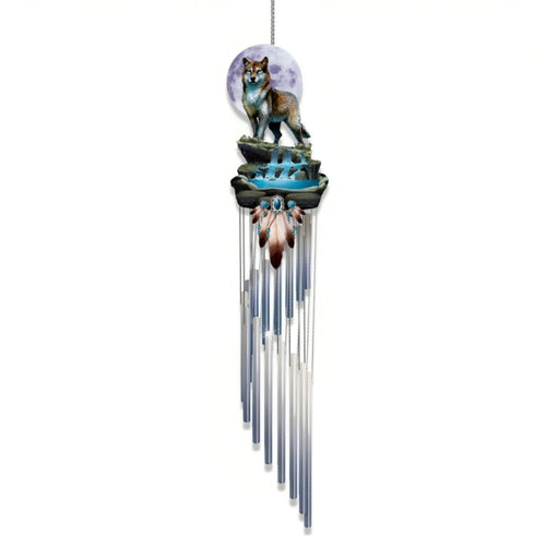 The Bradford Exchange Call of the Wild Wind Chime Handcrafted Sculptural Wolves & LED-Lit Moonlit Waterfall Wind Chimes with Captivating Multi-Sensory Experience and UV-Coated for Outdoor Display by Al Agnew 4.5