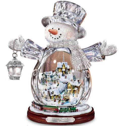 The Bradford Exchange Thomas Kinkade White Christmas Masterpiece Edition Genuine Crystal Snowman Figurine Decoration Features Miniature Illuminated Village and Miniature Moving Train 10"-Inches