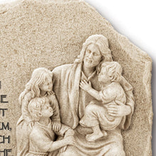 Load image into Gallery viewer, The Bradford Exchange Cornerstones of Faith Wall Decor Collection Issue #5 Let The Children Come To Me Jesus Christ Religious Plaque with Biblical Inscription Ancient Stone Look Christian Wall Art 8.75-Inches
