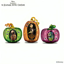 Load image into Gallery viewer, The Bradford Exchange Disney Tim Burton's Nightmare Before Christmas Illuminated Glass Pumpkin Sculpture Collection Issue #2 All Hail the Pumpkin King With Authentic Movie Character Artwork, LED lights, Glitter Accents Halloween Decor 9-inches
