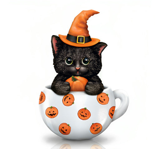 The Hamilton Collection Sweet And Spooky Hand Painted Porcelain Like Shine Halloween Decoration Kitty Teacup Figurine by Kayomi Harai 4-inches