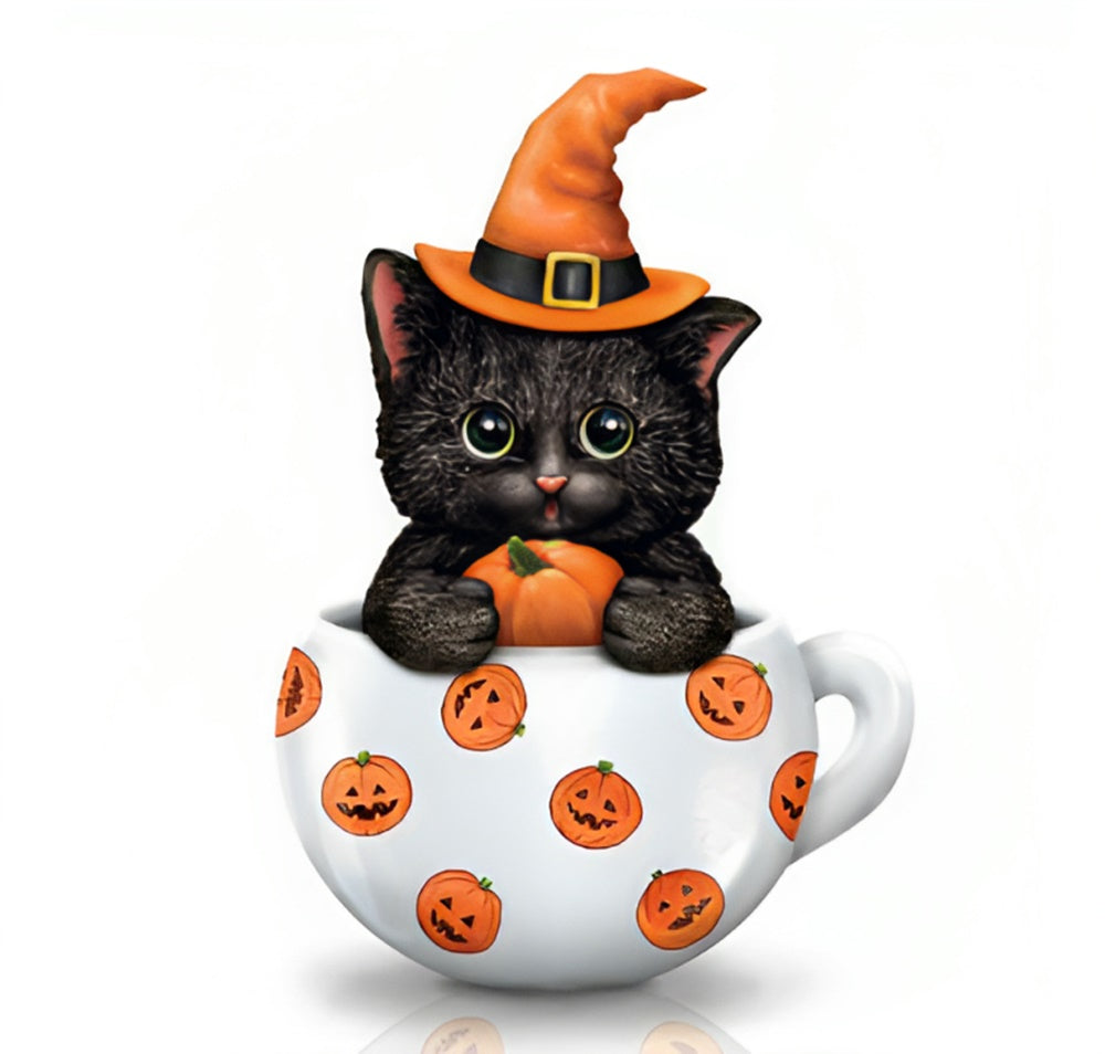 The Hamilton Collection Sweet And Spooky Hand Painted Porcelain Like Shine Halloween Decoration Kitty Teacup Figurine by Kayomi Harai 4-inches - RCE Global Solutions