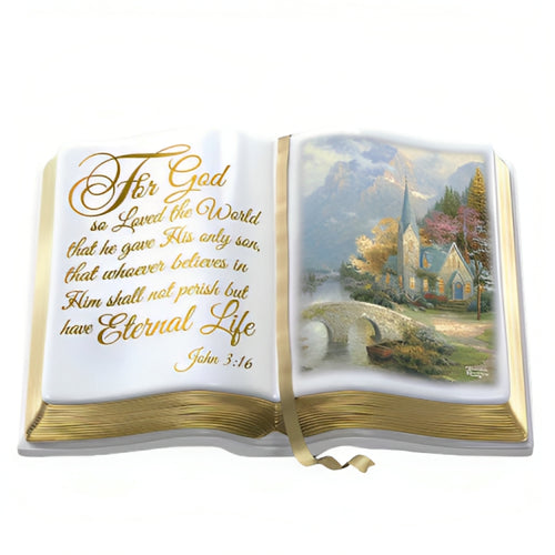The Bradford Exchange The Word of God Sculpture Heirloom Porcelain Bible with 22K Gold Accents'The Mountain Chapel' Artwork and John 3:16 Inscription by Thomas Kinkade 6