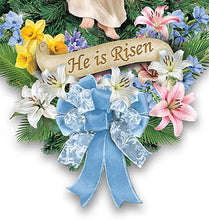 Load image into Gallery viewer, The Bradford Exchange Thomas Kinkade He Is Risen Illuminated Easter Wreath Teardrop-Shaped Christian Wall Décor with LED Lights, Jesus Figure, Floral Accents &amp; 24-Hour Timer 18-inches
