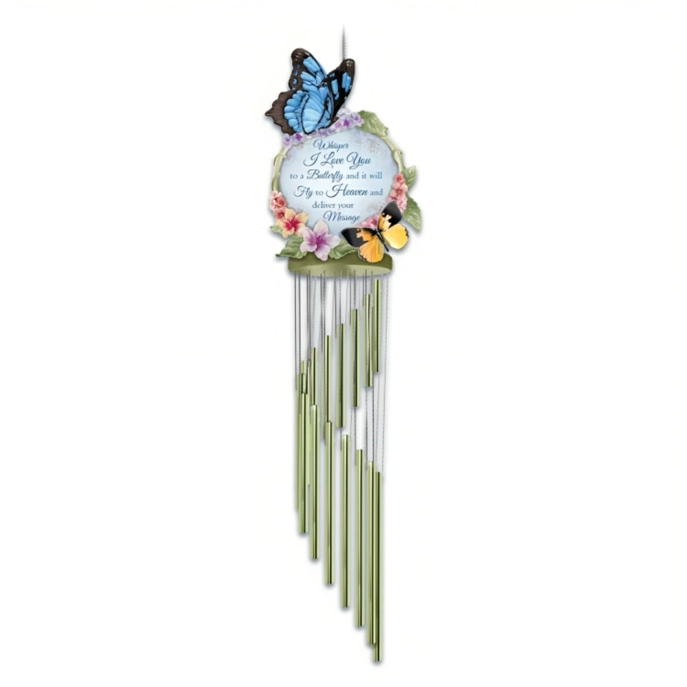 The Bradford Exchange Messenger to Heaven Wind Chime Whisper I Love You to a Butterfly Handcrafted Bereavement Wind Chimes with Unique Hand-Painted Floral Topper Soothing Melodic Sounds and UV-Coated for Outdoor Use by Lena Liu 4.5