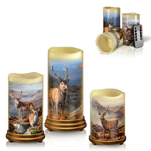Load image into Gallery viewer, The Bradford Exchange ‘Let Your Spirit Be Free’ Stag Flameless Candle Set Wildlife Art Candle Trio by Martin Ridley with Remote &amp; Bronze-Tone Stands 11-inches
