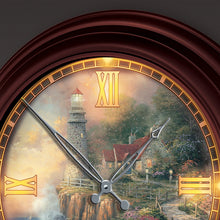 Load image into Gallery viewer, The Bradford Exchange Light of Peace Wall Clock Lighthouse Decor Atomic Clock with Copper-Toned Metal Housing Self-Setting Illuminating Artisan Hand-Applied Artwork Coastal Cottage Features The Light of Peace Scene by Thomas Kinkade 14" D - RCE Global Solutions
