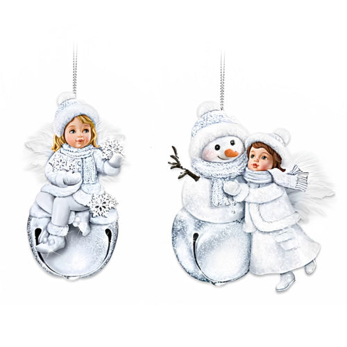 The Bradford Exchange Heaven's Little Wonders Snow Angel Ornament Collection Set of 2 Christmas Decoration Metallic Jingle Bell 3.75-inches
