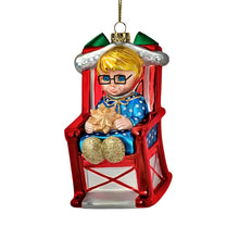 Load image into Gallery viewer, The Ashton-Drake Galleries Mrs. Beasley Glass Ornament Issue #11: Rock-A-Bye Mrs. Beasley Blown Glass Christmas Ornament Celebrating 55 Years of &quot;Family Affair&quot; Hand-Painted with Golden Glitter Accents Collector’s Edition 6-Inches
