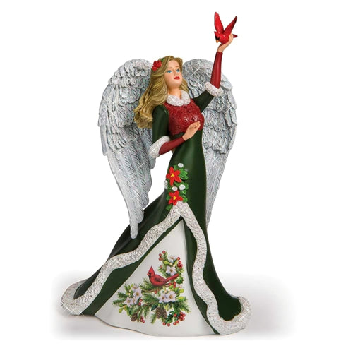 The Hamilton Collection Resplendent Charm Angel and Cardinal Figurine Hand-Painted Sculpture with Iridescent Glitter Wings Fur-Look Trim and Sculpted Floral Accents Issue #12 Angels of Comfort and Joy Figurine Collection 7.5-inches