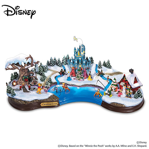 The Bradford Exchange Hawthorne Village Disney Christmas Cove Illuminated Village Holiday Sculpture Decor Handmade Painted with Mickey Minnie Cinderella Pooh Eeyore Tinker Bell Goofy & More 14.25-Inch