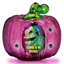 Load image into Gallery viewer, The Bradford Exchange Disney Tim Burton's Nightmare Before Christmas Illuminated Glass Pumpkin Sculpture Collection Issue #3 Scaring is My Business With Authentic Movie Character Artwork, LED lights, Glitter Accents Halloween Decor 9-inches
