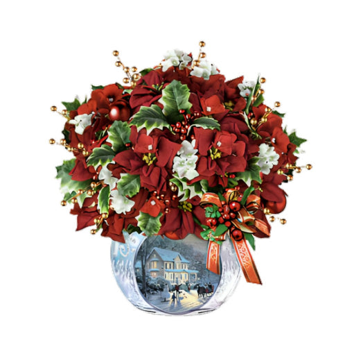 The Bradford Exchange Bringing Holiday Cheer Table Centerpiece with LED Lights & Holly Always in Bloom Floral Arrangement Christmas Decorations by Thomas Kinkade 11-Inches - RCE Global Solutions