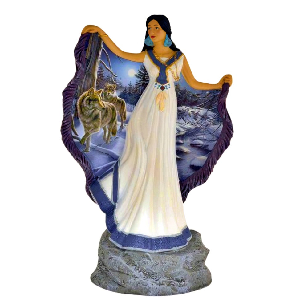 The Bradford Exchange Maidens of the Light Sculpture Collection #4: 'Winter Grace' Illuminated Sculpture Hand-Painted Indigenous-Inspired Figurine with Wolf Art by James Meger 8-inches - RCE Global Solutions