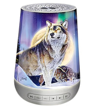 Load image into Gallery viewer, The Bradford Exchange Wolf Sleep Sound Machine Peaceful Moonlight Sound with Al Agnew Wolf Art - Nightlight and Sound Therapy with 24 Soothing Sounds 6-inches
