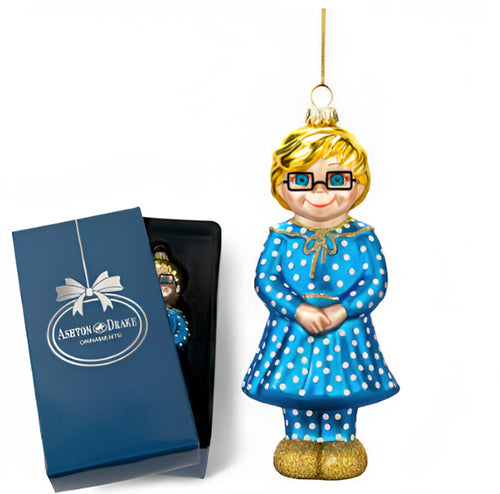 The Ashton - Drake Galleries Mrs. Beasley Glass Ornament Issue #9 Celebrating 55 Years of Family Affair Collector's Edition in Vintage-Style Blown with Golden Glitter Accents Christmas Decoration Characterized by Actress Cheryl Ladd 5.5-inches