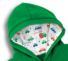 Load image into Gallery viewer, The Ashton-Drake Galleries Zoom Zoom Accessory Set That Fits Baby Dolls Featuring A Green Hoodie &amp; Matching Pair of Sweatpants Accented with an All Over Car Print - RCE Global Solutions
