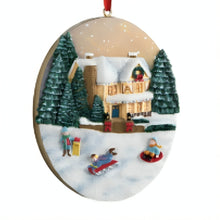 Load image into Gallery viewer, The Bradford Exchange Art Sculpted Christmas Ornaments Collection Issue #1: Snowy Day Art Sculpted Hand-Painted Holiday Village with Ribbon Hangers Collectible Christmas Tree Decor by Thomas Kinkade 4-inches
