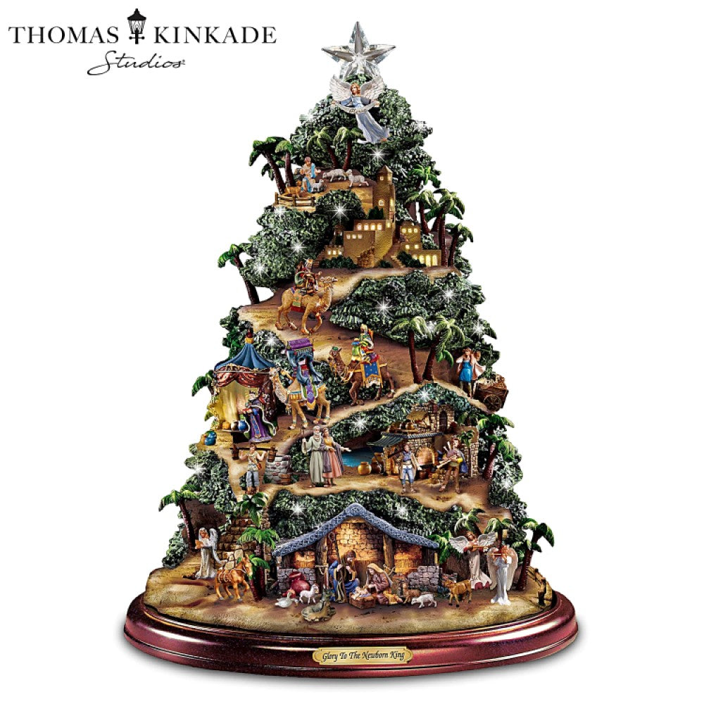 Hawthorne Village Thomas Kinkade Glory To The Newborn King Nativity Christmas Tree Religious Decoration Illuminates 40 Sculpted Characters tells Story of Jesus Birth Plays Song Silent Night 16