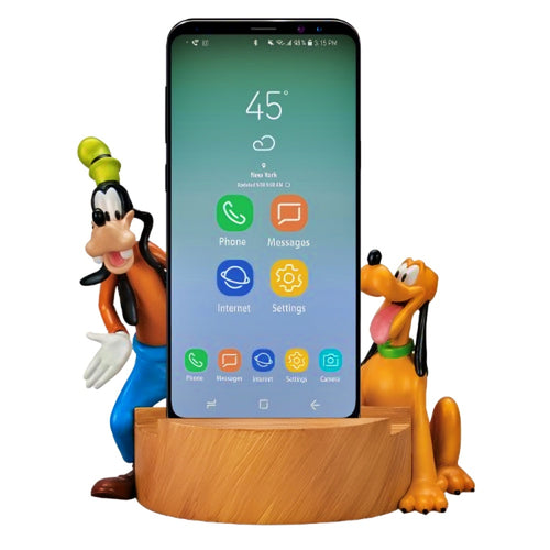 The Bradford Exchange Disney Mickey Mouse & Friends Desk Accessory Collection Issue #2 "Goofy & Pluto Phone Caddy" with Sculpted Resin Base Wood Grain Design and Cell Phone Holder 4.75" W x 3.75" H x 4.75" D