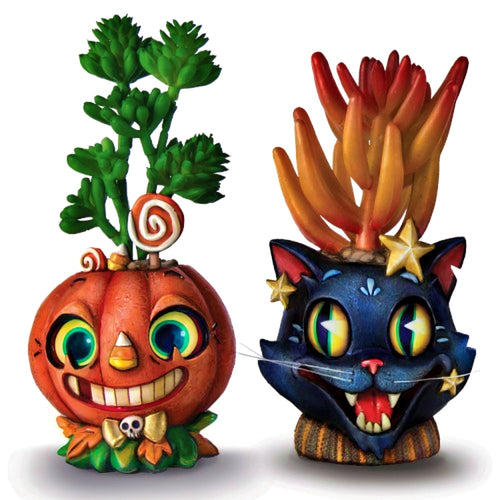 The Bradford Exchange Spooky Sprouts Sculpture Collection Issue #1 Jack Jr. and Salem Handcrafted Resin Planters with Artificial Succulents 4.25-inches - RCE Global Solutions