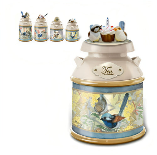 The Bradford Exchange Superb Fairy Wren Canister Captivating Elegance Unveiled Enchanting Tea-reasures of the Garden Canister Collection Issue #1 Featuring Exquisite Fairy Wren Artwork by Joy Scherger 6-inches - RCE Global Solutions