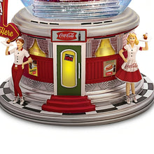 Load image into Gallery viewer, The Bradford Exchange COCA-COLA Rocking and Rolling Glitter Globe 1950s Nostalgia Collectible with Illuminating Neon Sign Classic Contoured Bottle and Diner-Inspired Base Expertly Handcrafted Plays Hit 50&#39;s Tune 6&quot; W x 8&quot; H - RCE Global Solutions
