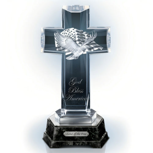 The Bradford Exchange God Bless America Cross Illuminated Glass Cross Sculpture with American Flag and Bald Eagle Patriotic Home Decor Red White and Blue LED Lights Etched 'God Bless America' Script Marbleized Base 'Land of the Free' Plaque 11-inches