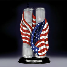 Load image into Gallery viewer, The Bradford Exchange World Trade Center Tribute Towers We Will Never Forget Collection Issue #1 Illuminated Sculptures Handcrafted Crystal Clear Resin Sculptures with Real Fabric American Flag Glossy Black Base with Silver-Finish Title Plaque 10-inches - RCE Global Solutions
