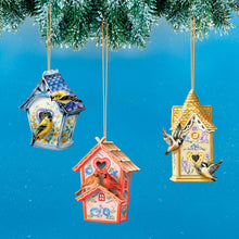 Load image into Gallery viewer, The Bradford Exchange Cozy Cottages Birdhouse Christmas Decor Ornaments Set of 3 with Cardinals, Goldfinches and Chickadees 3.5&quot; - 4&quot; Tall - RCE Global Solutions
